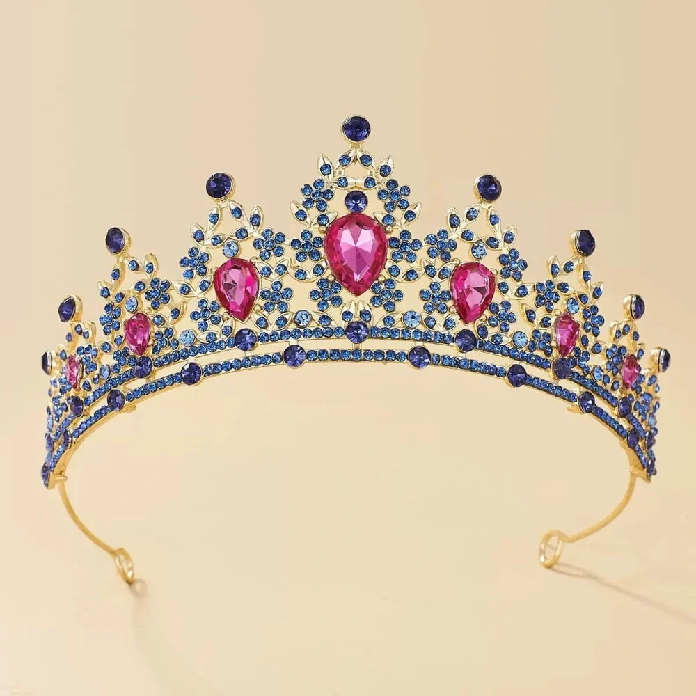 Elegant Gold and Blue Tiara with Pink Accents